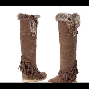 2pr over knee fur fringe boho moccasin boots 5 1/2